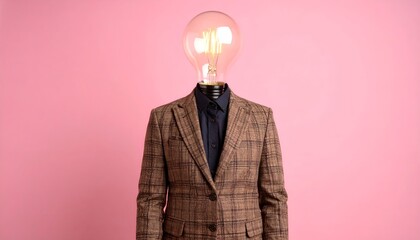 A surreal and thought-provoking image showcasing an imaginative figure with a glowing light bulb head, brilliantly symbolizing a spark of genius, innovative concepts, and creative thinking