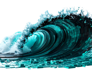 A pixelated wave of teal and cyan water on black background