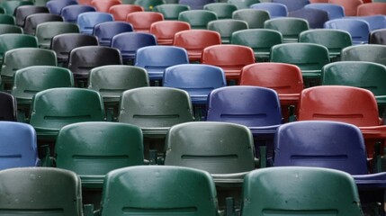 Large number of empty seats in a stadium. the seats are arranged in rows and are of different colors - green, blue, red, and purple.