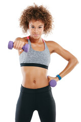 Exercise, dumbbells and portrait of woman in studio for fitness, strength training and bodybuilding. Sports, workout and person with weights for muscles, strong arms and health on white background