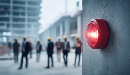 Industrial fire alarm system on wall in a modern building with red signal light