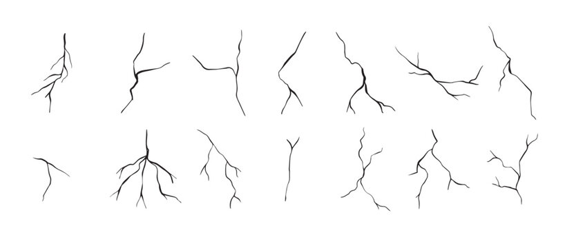 Set of cracks. Collection of different black lightning bolts. Earth crack. Set thunderstorm and lightning. Vector illustration of natural phenomena on white background. Vector illustration.