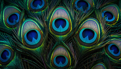 Obraz premium Close-up of vibrant peacock feathers with iridescent colors and eye patterns