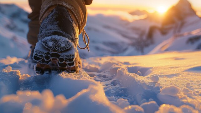 Bottom of hiking boot covered in snow stepping over a ridge with bright sunrise mountain peaks