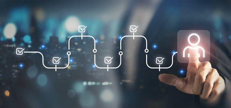 Digital Recruitment and Approval Workflow. Glowing user icon at the end of a digital flow with checkmarks, symbolizing assessment, approval, selection and modern recruitment processes.