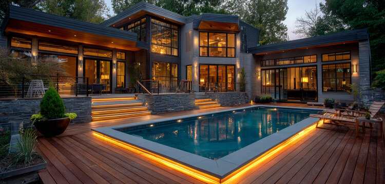Luxurious modern outdoor wooden deck with led lighting surrounding a rectangular swimming pool at dusk, featuring contemporary architecture and ambient illumination