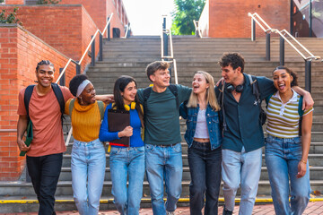 Diverse students walking on campus having fun