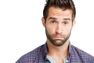 Fototapeta premium Portrait, sad and space with man in studio for emotional or unhappy facial expression. Miserable, mockup and sulking with person in grief isolated on white background for heartbreak, loss or pain