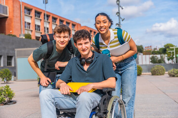 Diverse student group on university campus smiling feeling happy