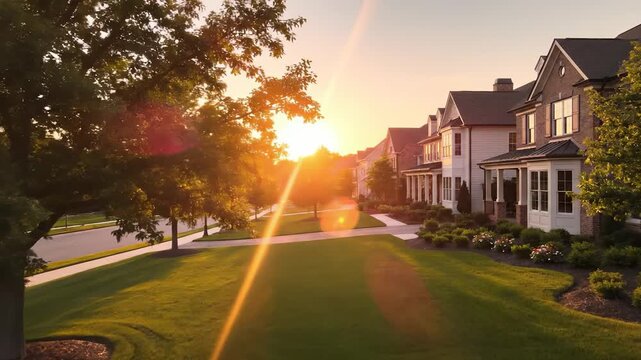 A suburban neighborhood basks in the warm glow of the sunset as houses line the street. The neatly trimmed lawns and blooming flowers create a peaceful atmosphere, perfect for families.