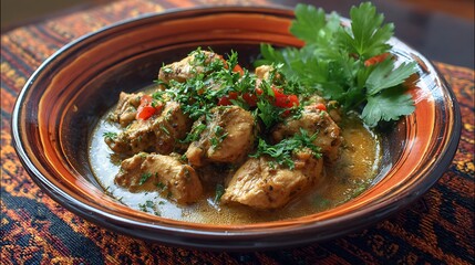 A delicious gourmet meal of cooked beef and chicken stew with fresh vegetables and rice served in a healthy bowl as a spicy dish for dinner