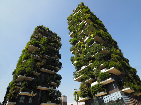  Vertical Forest two skyscrapers with trees growing on balconies, designed by Stefano Boeri architect.Milan,