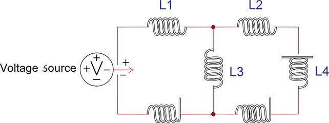 AC circuit diagram with voltage source and inductors L1&ndash;L4 in series-parallel configuration for electrical engineering visuals