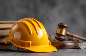 Industrial safety helmet and wooden gavel symbolizing legal regulations and safety enforcement in the workplace
