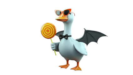 Cartoon goose with bat wings, sunglasses, and lollipop