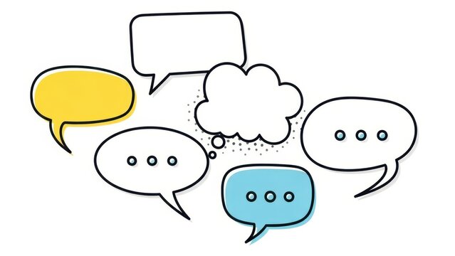 Vibrant cartoon speech bubbles arranged on a clean background, suitable for conversations, chat