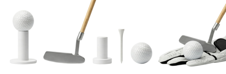 Golf Equipment Set: Ball, Putter, Tees, and Glove on White Background - Studio Shot