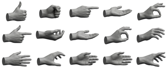 Collection of 15 Gray Hand Gestures Isolated on White Background