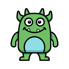 Fototapeta premium Cute green cartoon monster with big eyes and horns, friendly character illustration