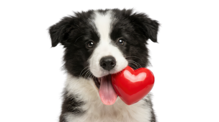 Happy valentine's day adorable dog holding a red heart shaped toy with a playful expression on its face cutout on alpha channel