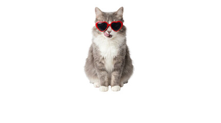 Happy valentine's day a stylish cat wearing red sunglasses sitting upright with a playful expression solid white background and no background