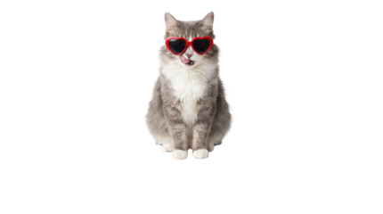 Happy valentine's day a stylish cat wearing red sunglasses sitting upright with a playful expression solid white background and no background