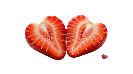 Happy valentine's day two strawberries cut in heart shapes with a small piece on the side on white and transparent