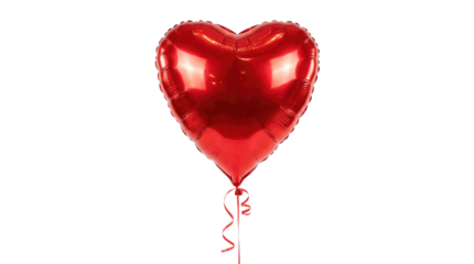 Happy valentine's day shiny red heart shaped balloon with a ribbon floating against a plain white background product shot isolated