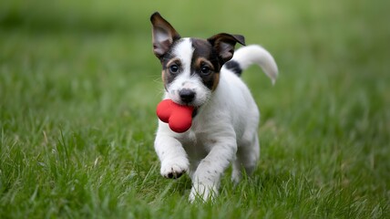 Playful Jack Russell Puppy Running with Red Heart Toy on Green Grass