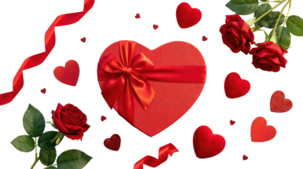 Happy valentine's day red heart gift surrounded by roses and smaller hearts with decorative ribbon and leaves png with transparency