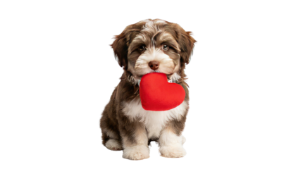 Happy valentine's day adorable puppy holding a red heart shaped toy with a joyful expression clean white background cutout