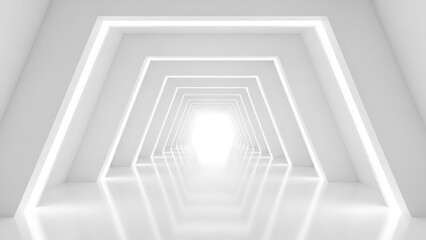 White tunnel with glowing lines and reflective floor
