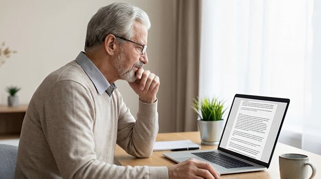 Senior reviewing online contract terms on laptop, reading glasses