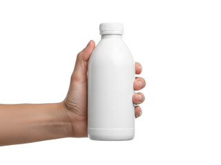 Hand holding milk bottle isolated on transparent background