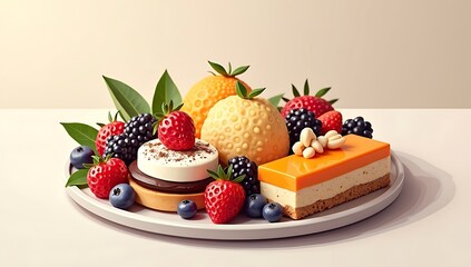 Artisan plant-based desserts beautifully plated colorful natural ingredients vegan pastries raw chocolate fruits nuts minimalist culinary styling gourmet food photography
