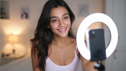 young indian female content creator is filming a video
