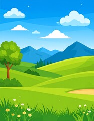 Obraz premium Cartoon illustration of a vibrant green hilly landscape under a blue sky with puffy clouds and distant mountains