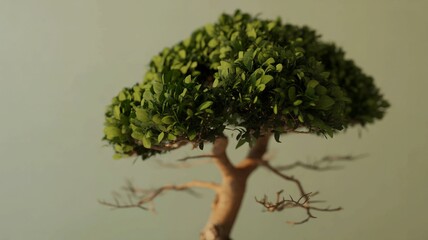 A meticulously crafted miniature bonsai tree with lush green leaves and gnarled branches against a soft neutral background
