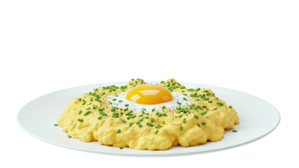 Scrambled Eggs and Fried Egg with Chives and Pepper on White Plate