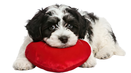 Happy valentine's day adorable puppy resting its head on a red heart shaped pillow looking transparent background and plain white background