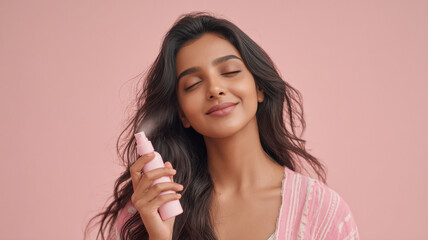 young indian woman holding hydrating spray standing on pink background