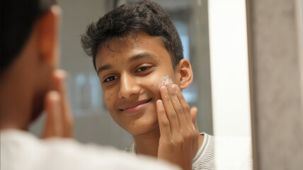 indian boy applying cream on cheeks in front of mirror
