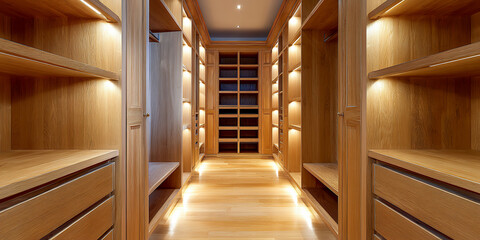 Wooden closet space with shelves and lights for organizing clothes and items during day