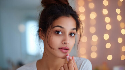 young indian woman applying lip balm