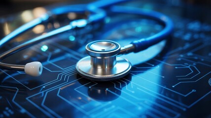 Modern stethoscope rests on a glowing blue circuit board symbolizing the intersection of medicine and technology