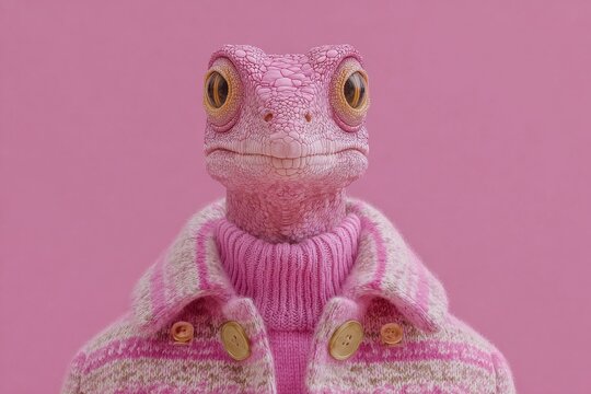 A lizard in a jacket strikes a pose in front of a plain background