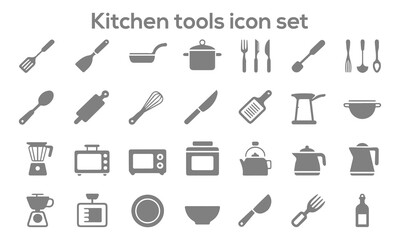 Fototapeta premium Kitchen Tools Icon Set Featuring Spatula Pan Pot Cutlery Whisk Rolling Pin Blender Microwave Kettle For Professional Culinary Projects 