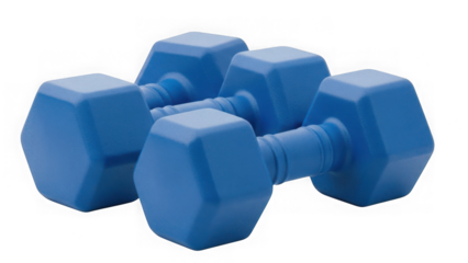 Pair of vibrant blue hexagonal dumbbells for fitness and weight training, isolated on transparent background.