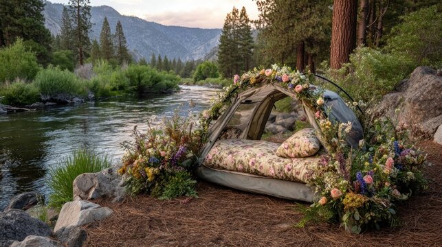 Floral camping cot with river view