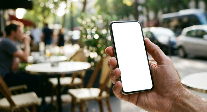 Man's Hand Holding Modern Smartphone with Blank White Screen Mockup Outdoors